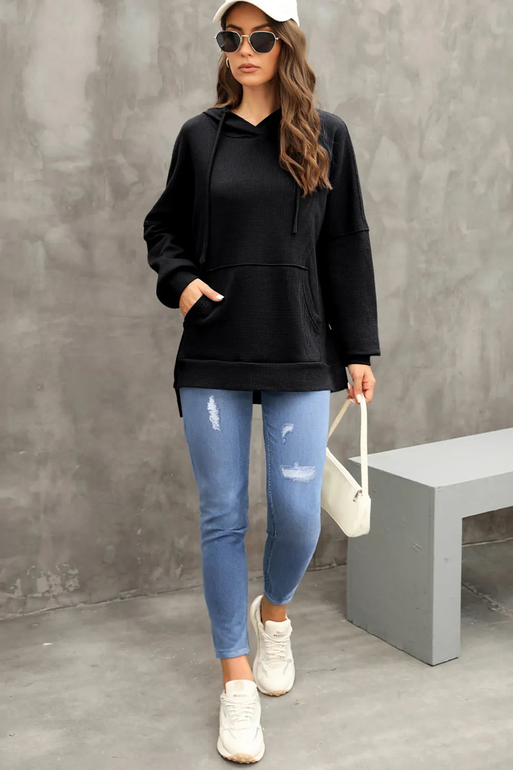 Waffle-knit Long Sleeve Hoodie (7)