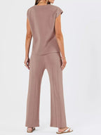 Casual Solid Color Cap Sleeve Top Pants Knit Set (8)