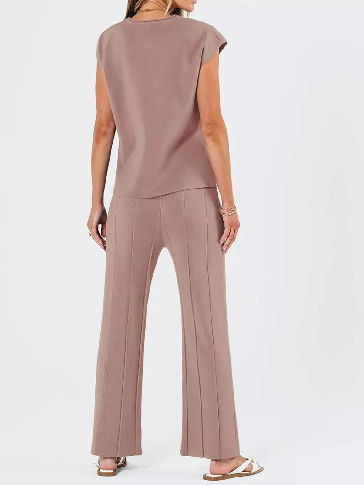 Casual Solid Color Cap Sleeve Top Pants Knit Set (8)
