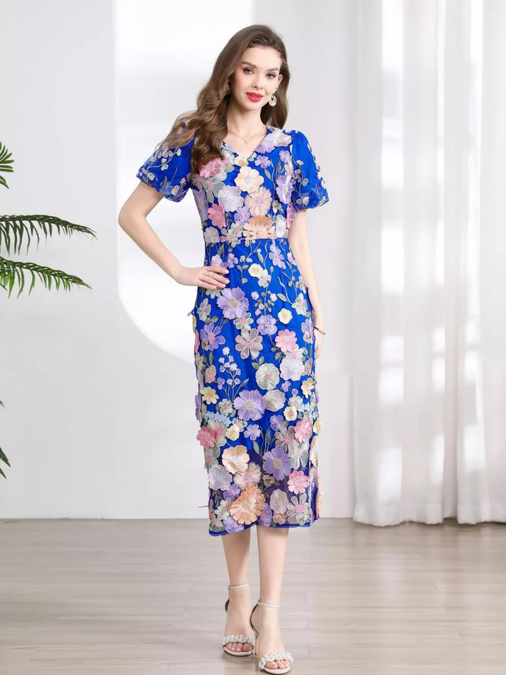 Floral Embroidered Puff Sleeve Midi Dress (20)