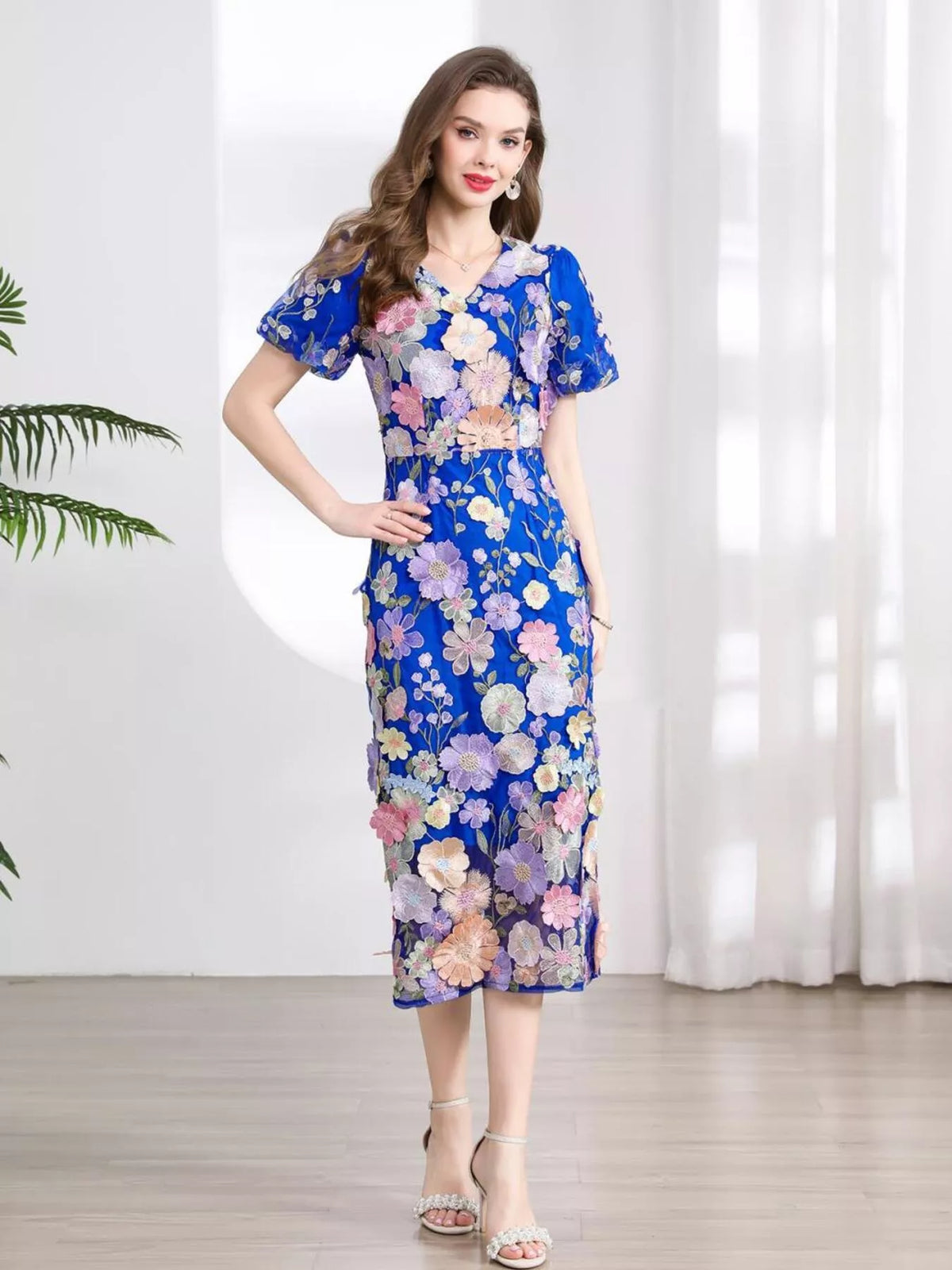 Floral Embroidered Puff Sleeve Midi Dress (20)