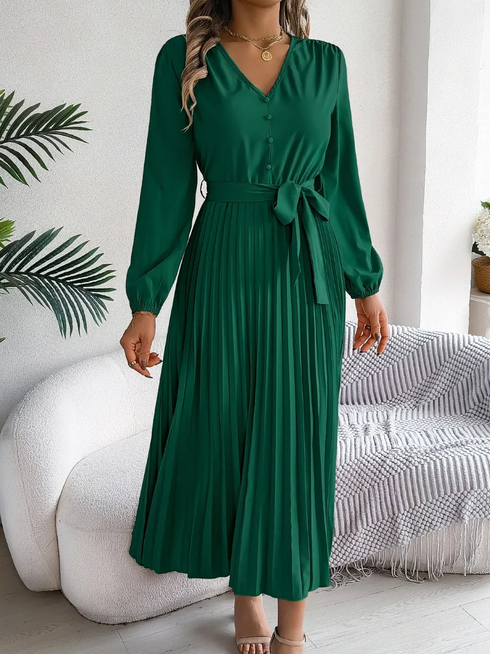 Pleated Tied V-neck Long Sleeve Dress (16)