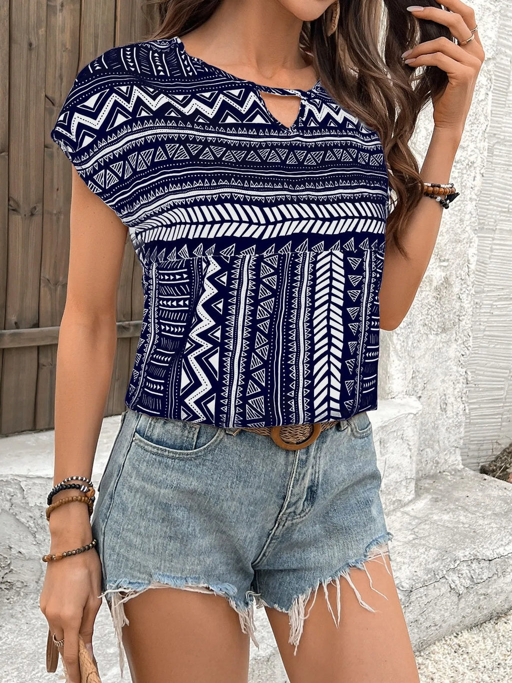 Geometric Print Short Sleeve Blouse (7)