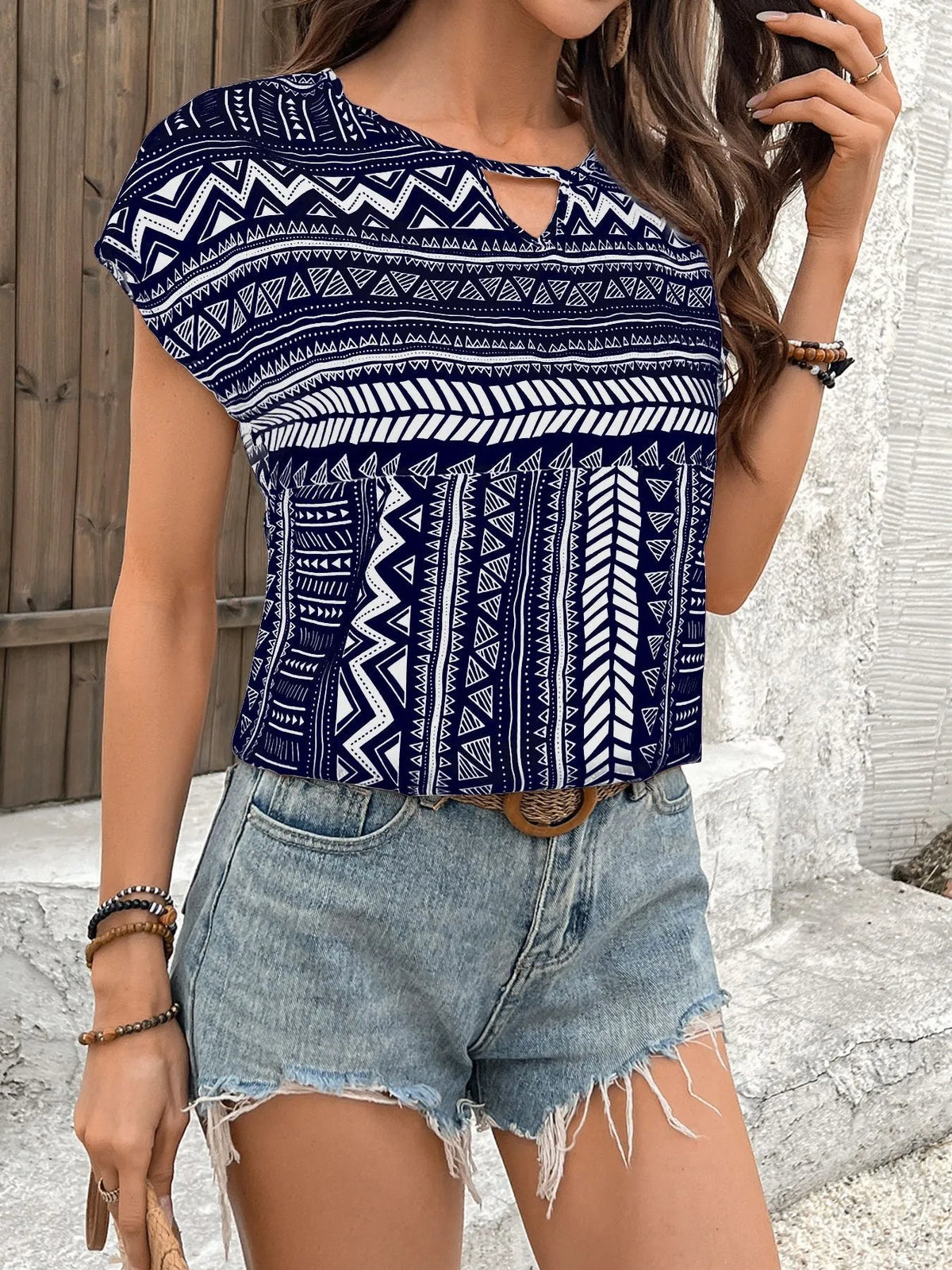 Geometric Print Short Sleeve Blouse (7)
