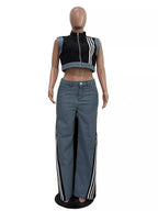 Zip Front Crop Top Striped Pants Set (19)
