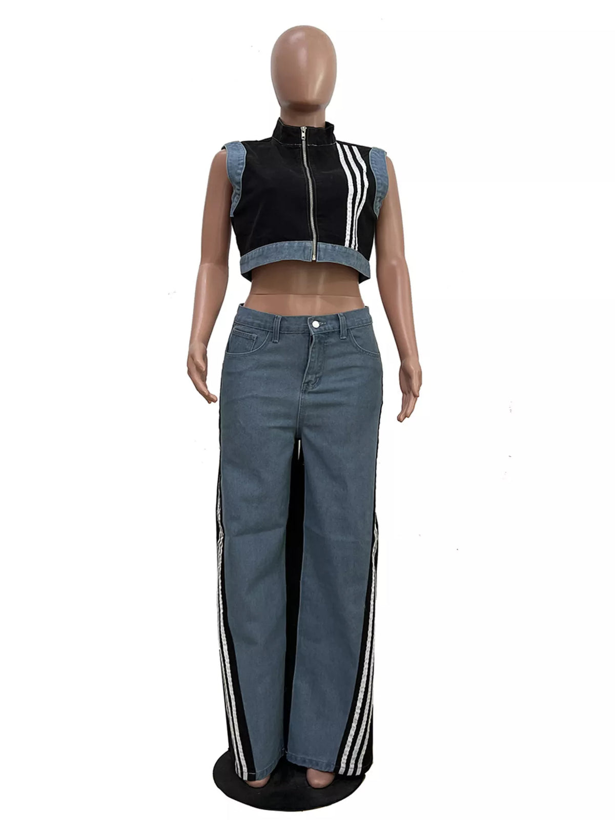 Zip Front Crop Top Striped Pants Set (19)
