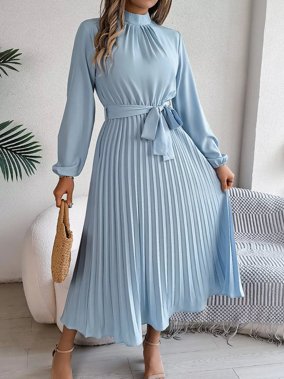 Mock Neck Pleated Midi Dress (6)