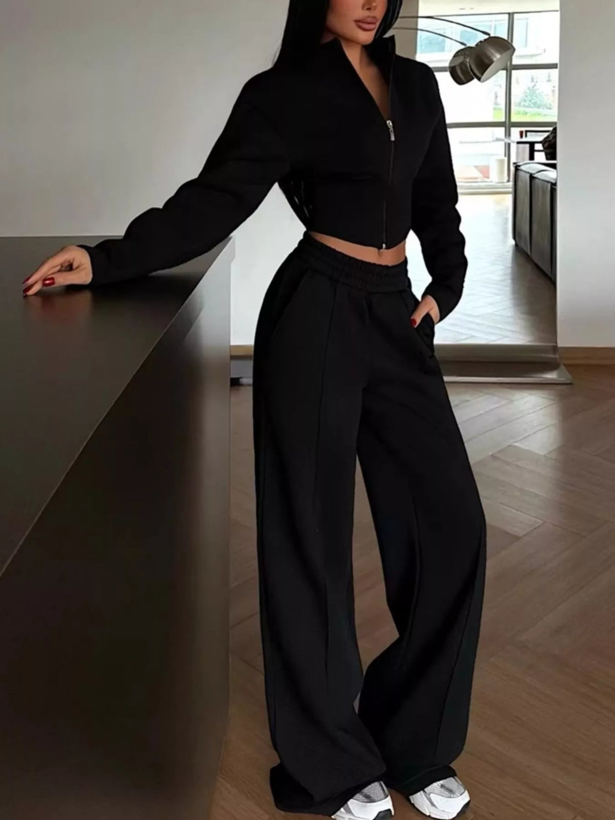 Zip-up Crop Jacket Wide-leg Pants Set (6)