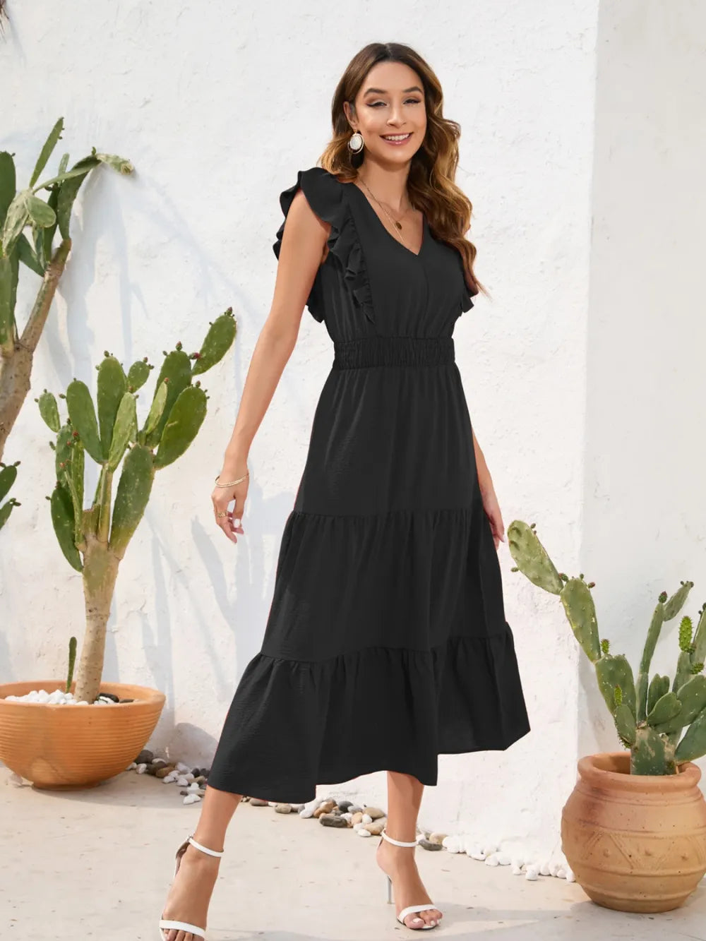 Tiered Ruffled V-neck Cap Sleeve Dress (8)