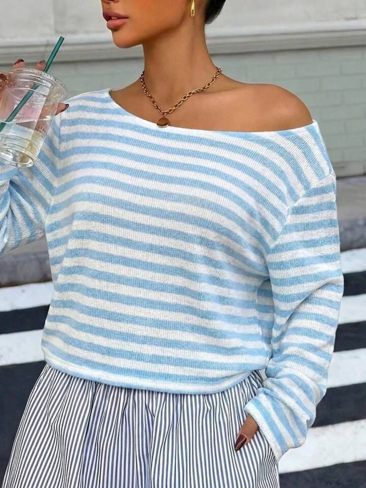Boat Neck Striped Long Sleeve T-shirt (25)