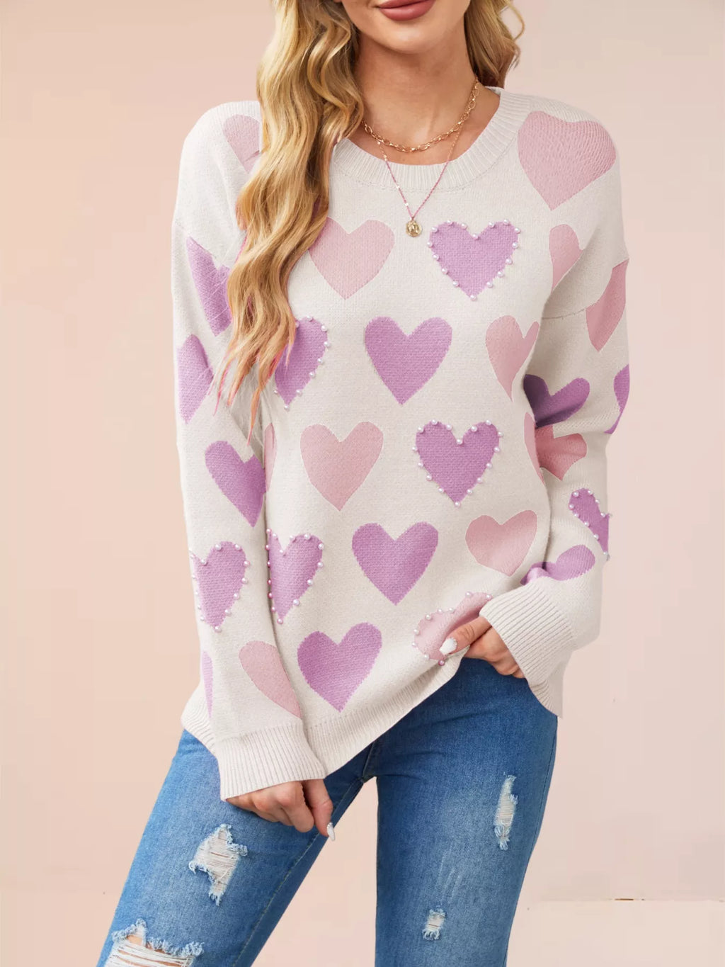 Heart Pattern Beaded Round Neck Sweater (7)