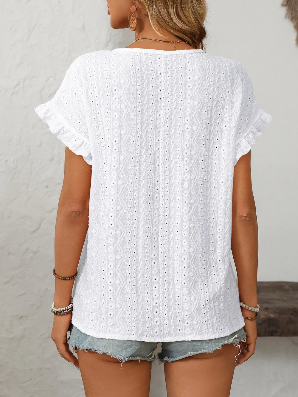 Eyelet Round Neck Short Sleeve Top (9)