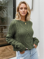 Cable-knit Round Neck Dropped Shoulder Sweater (9)