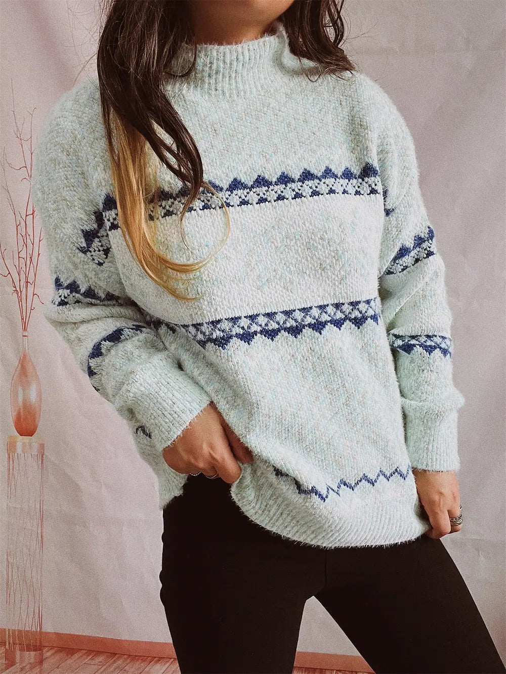 Geometric Mock Neck Dropped Shoulder Sweater (10)