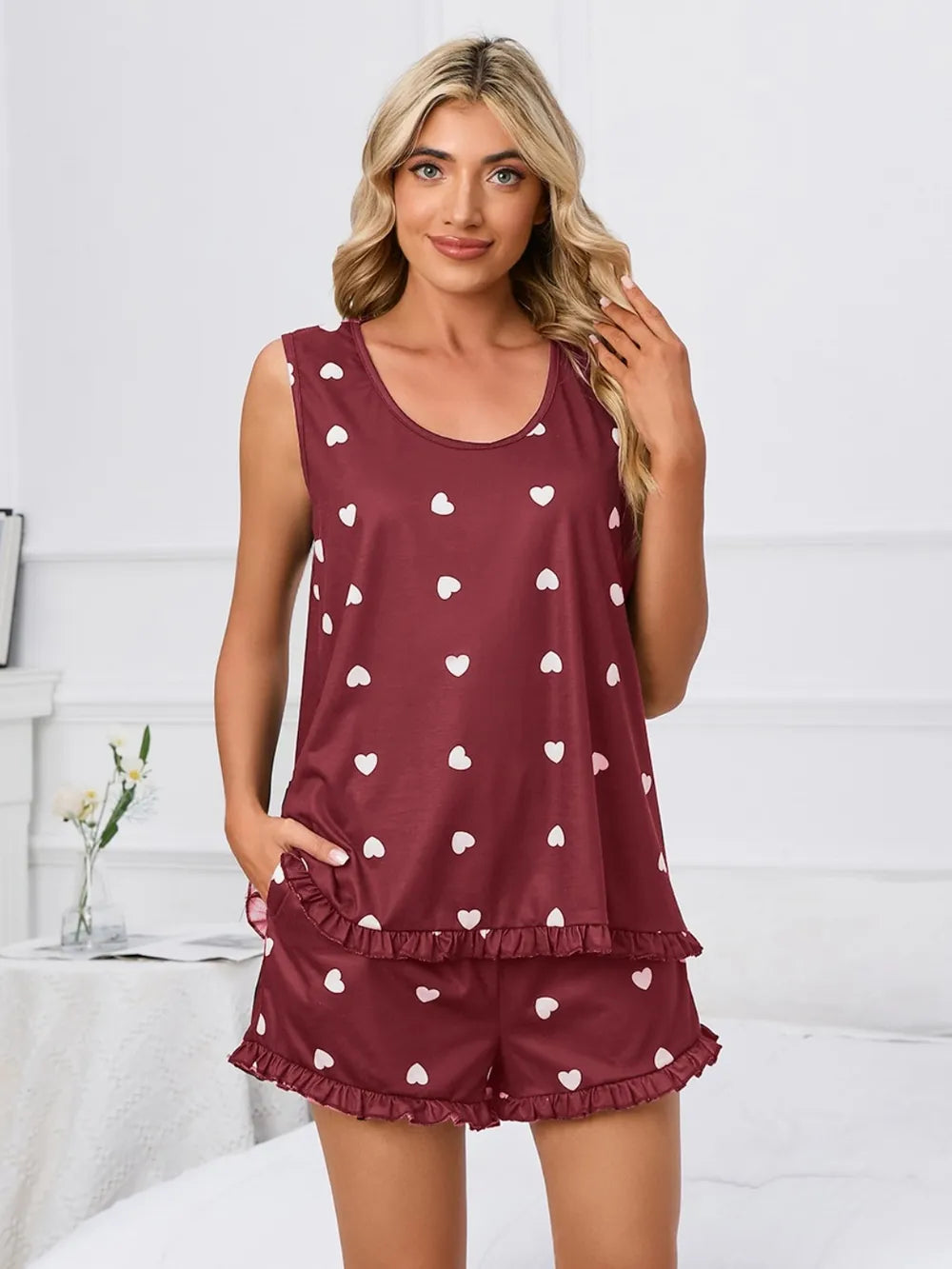 Heart Scoop Neck Tank Shorts Lounge Set (9)