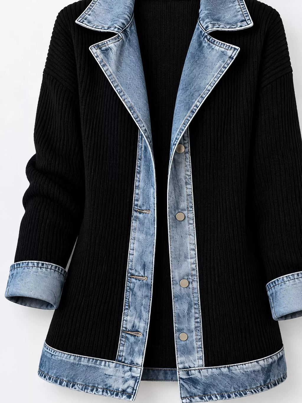 Full Size Denim Trim Ribbed Knit Cardigan Plus (5)