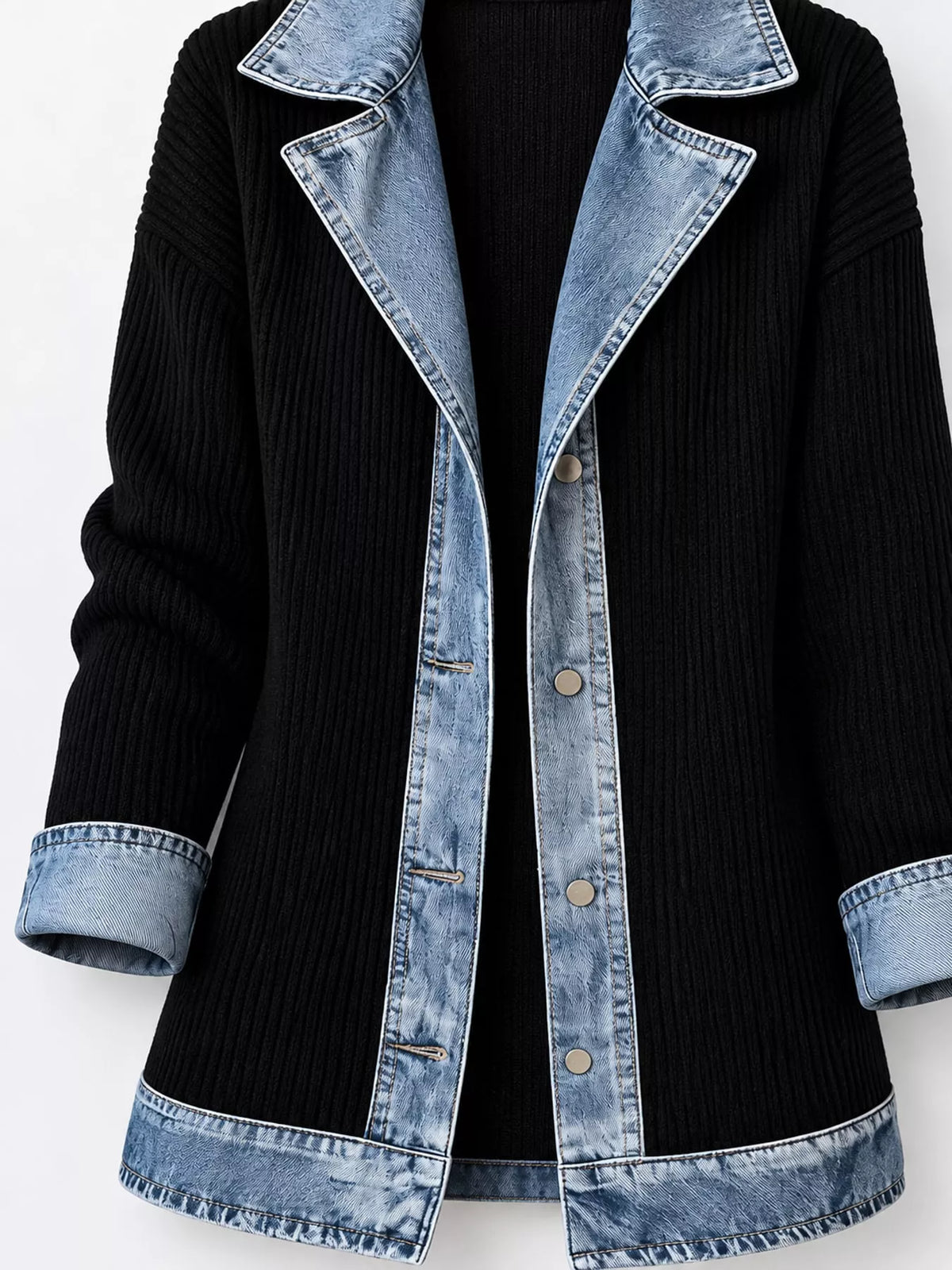 Full Size Denim Trim Ribbed Knit Cardigan Plus (5)