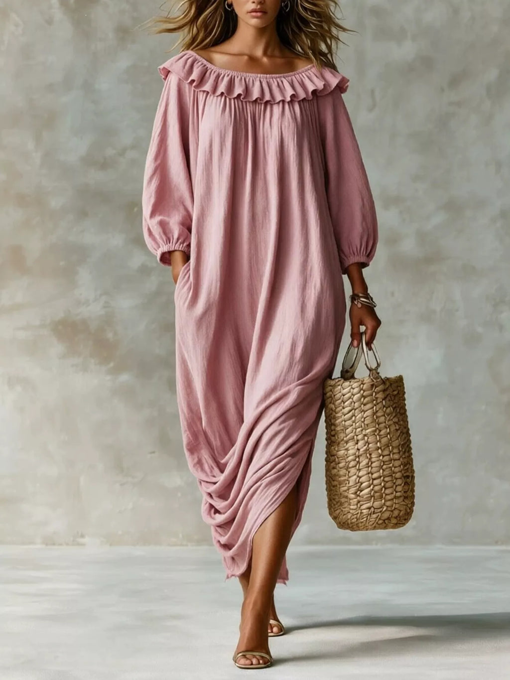 Ruffled Boat Neck Ruched Midi Dress