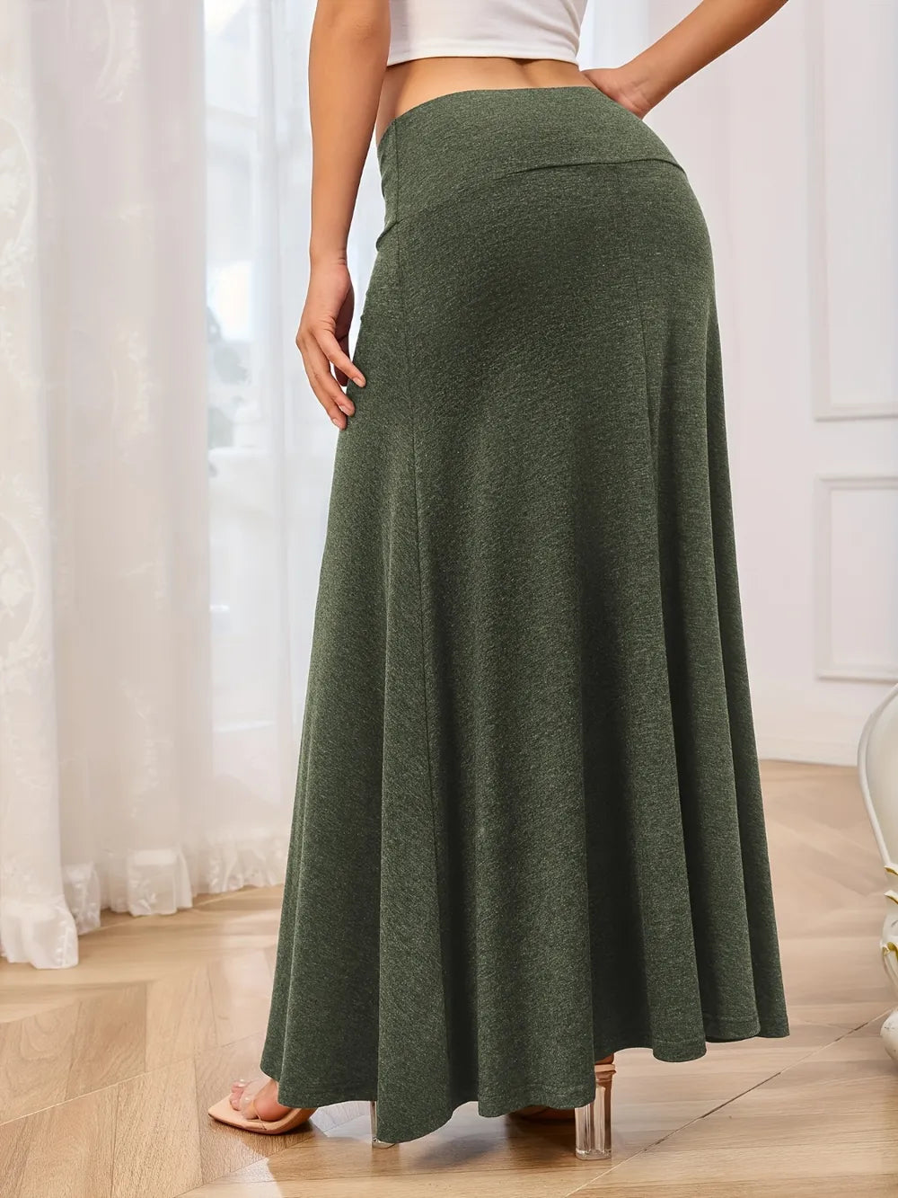 Solid Elastic Waist Maxi Skirt (10)