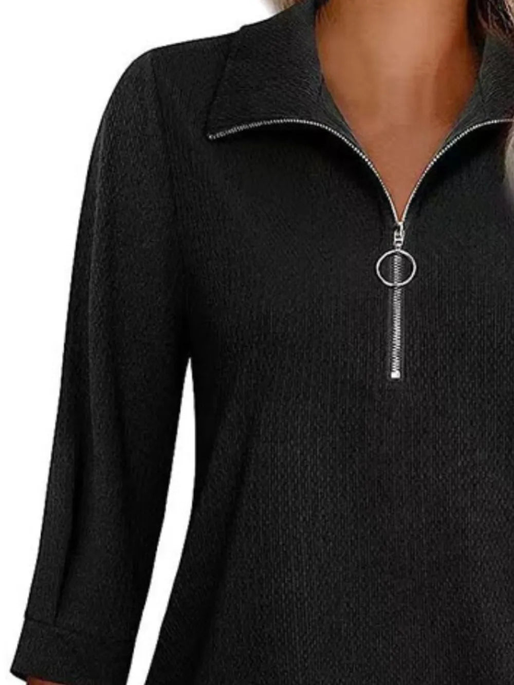 Half Zip Collared Neck Three-quarter Sleeve T-shirt (12)