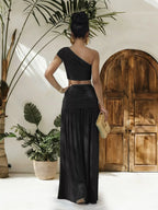 One-shoulder Top Ruched Maxi Skirt Set (8)