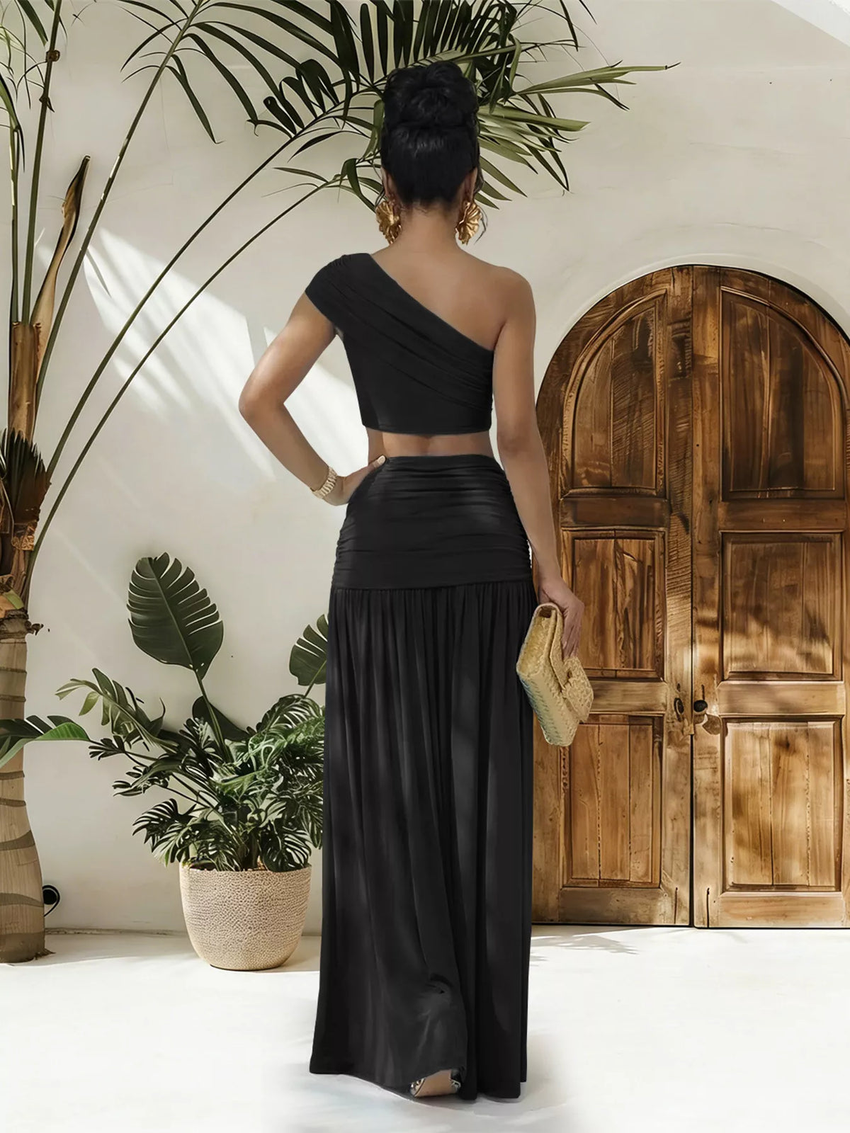 One-shoulder Top Ruched Maxi Skirt Set (8)