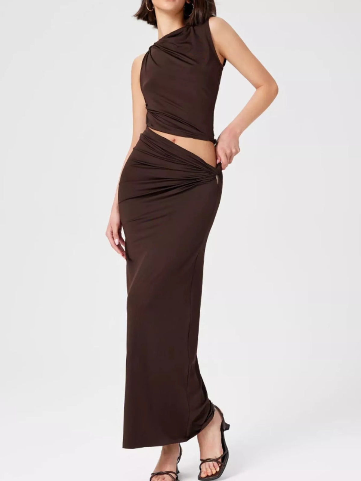 Asymmetrical Ruched Knit Top Skirt Set