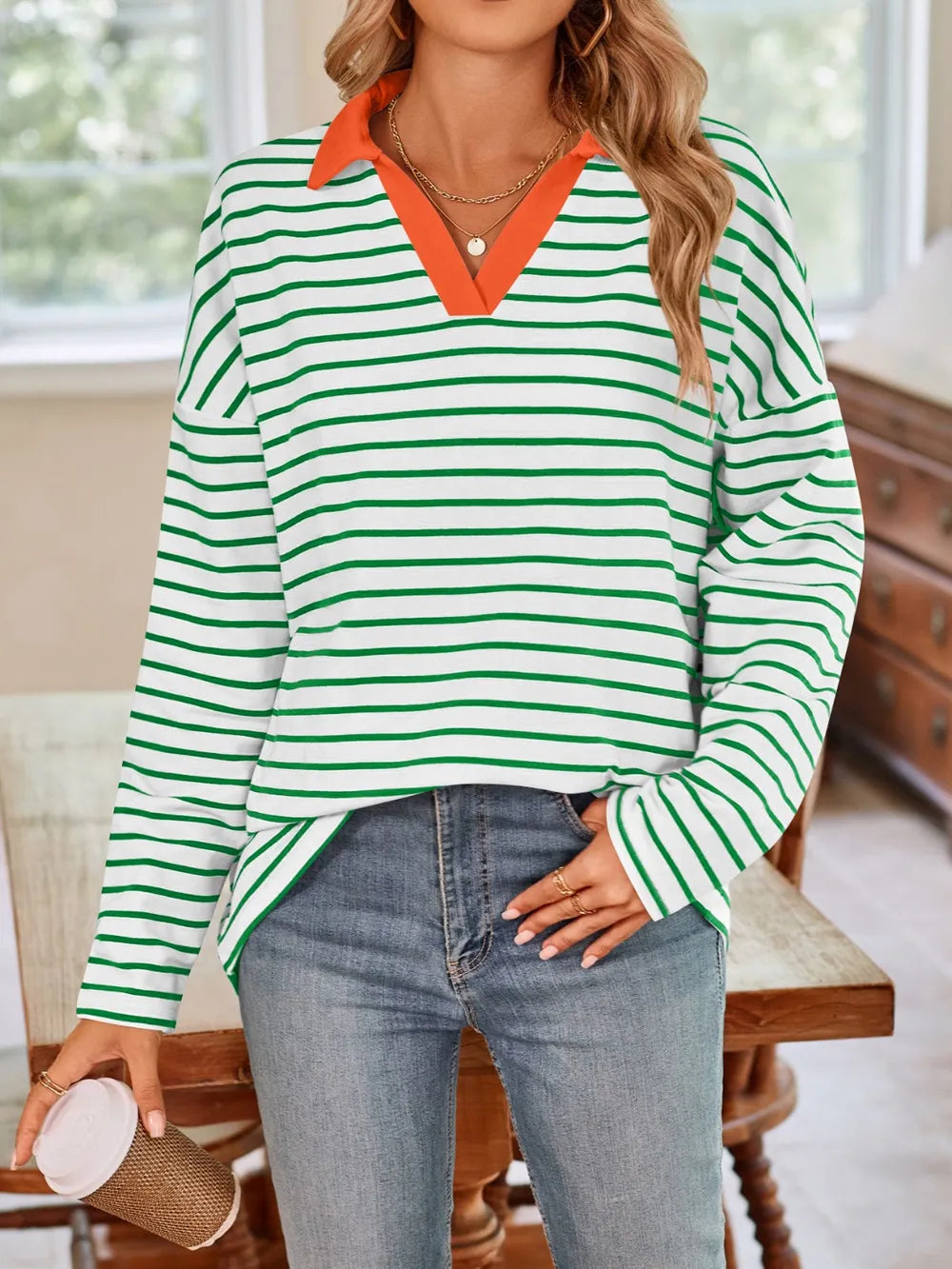 Striped Johnny Collar Long Sleeve T-shirt (30)