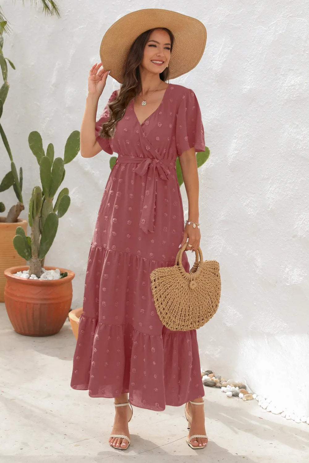 Swiss Dot Tied Surplice Short Sleeve Dress (15)