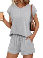 Round Neck Cap Sleeve Top Shorts Set (12)