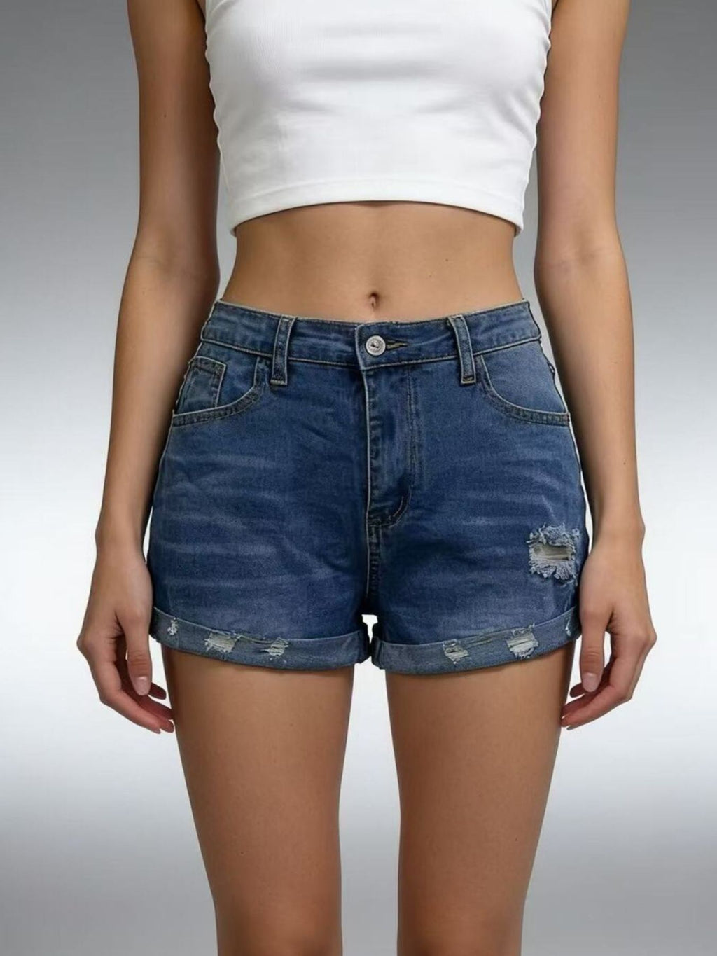 Distressed Denim Roll-up Shorts (9)