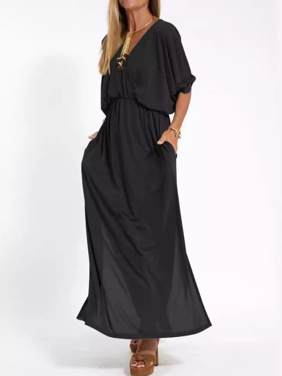 Full Size V-neck Batwing Sleeve Maxi Dress Side Slits Plus (7)