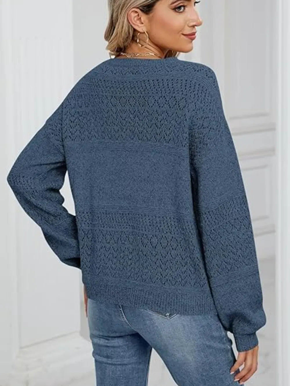 Eyelet V-neck Long Sleeve Sweater (9)