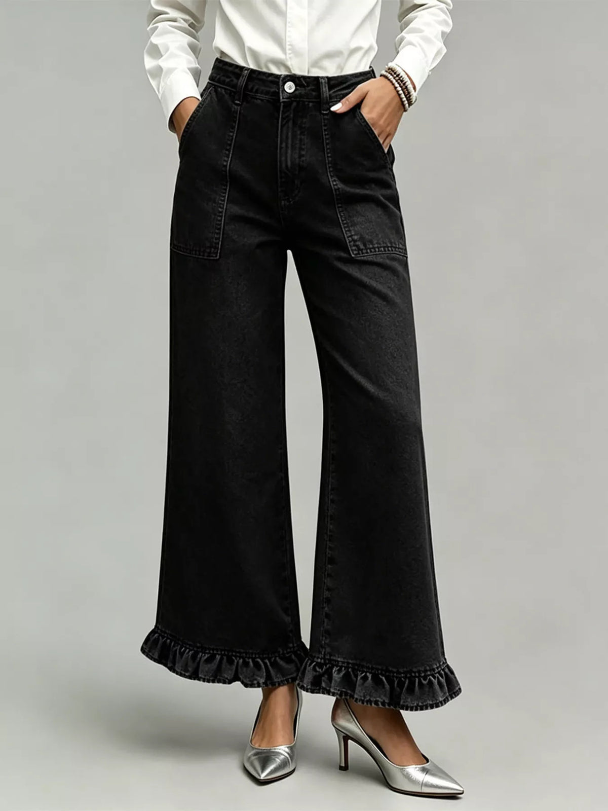 High-waisted Wide-leg Ruffle Hem Jeans