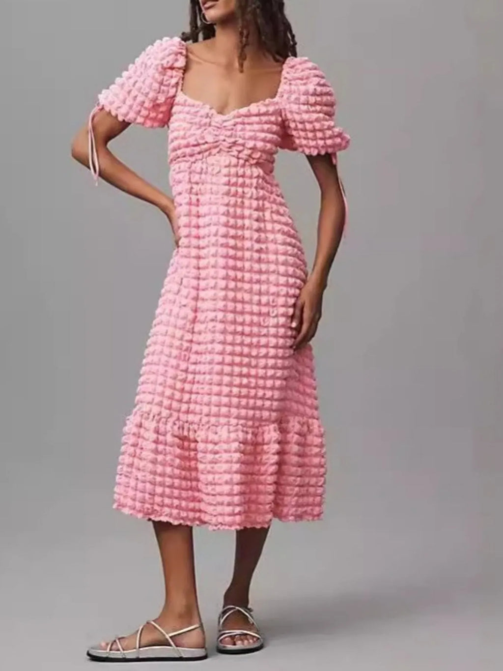 Textured Sweetheart Neck Short Sleeve Dress (8)
