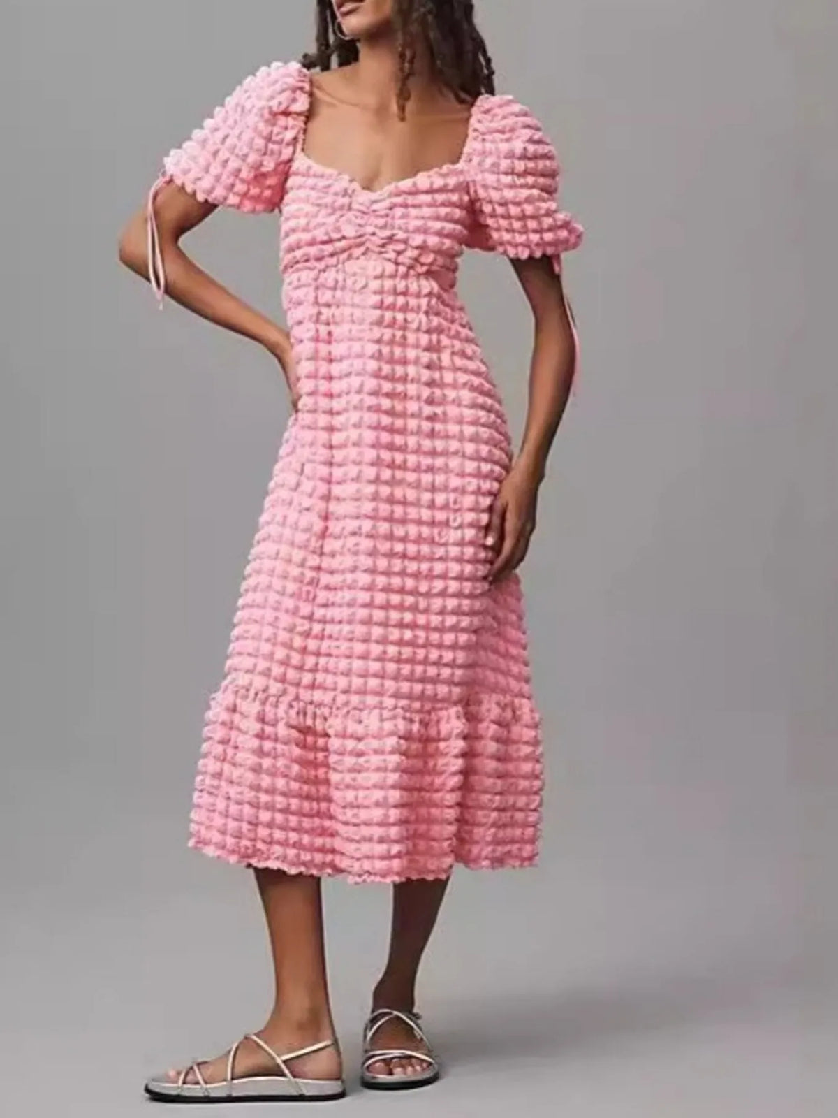 Textured Sweetheart Neck Short Sleeve Dress (8)