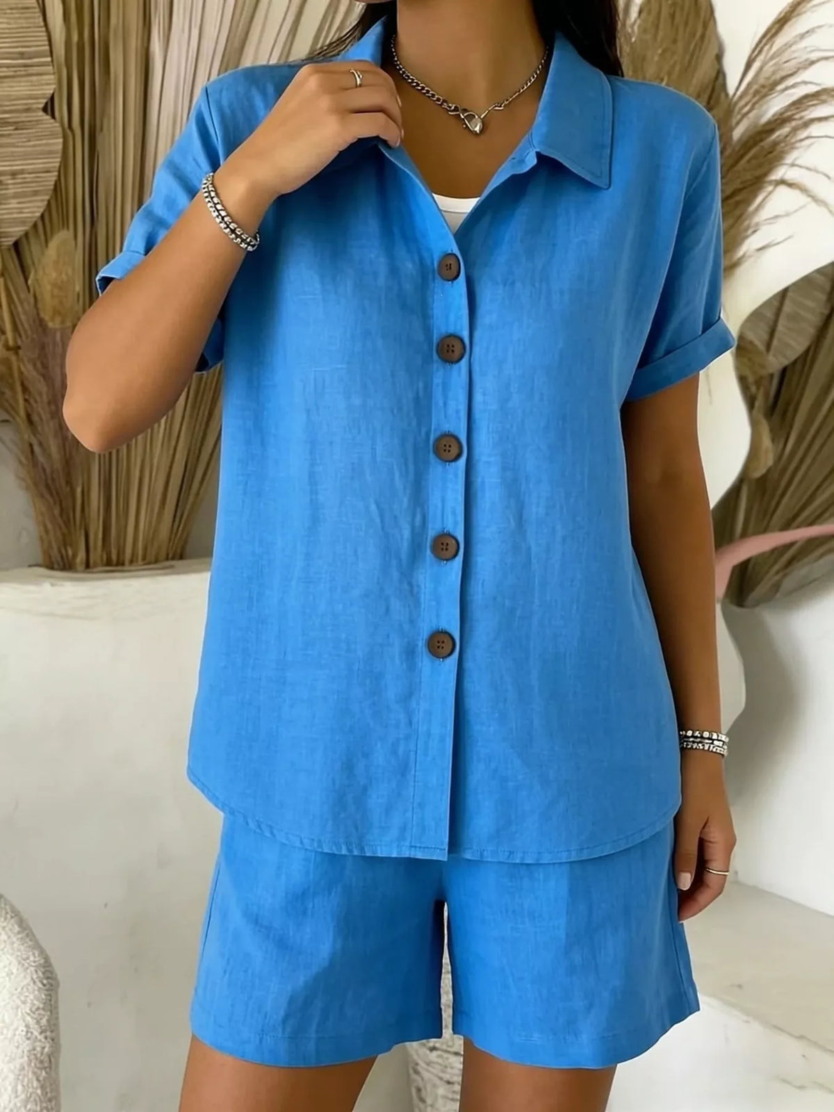 Full Size Button-up Shirt Shorts Set Plus