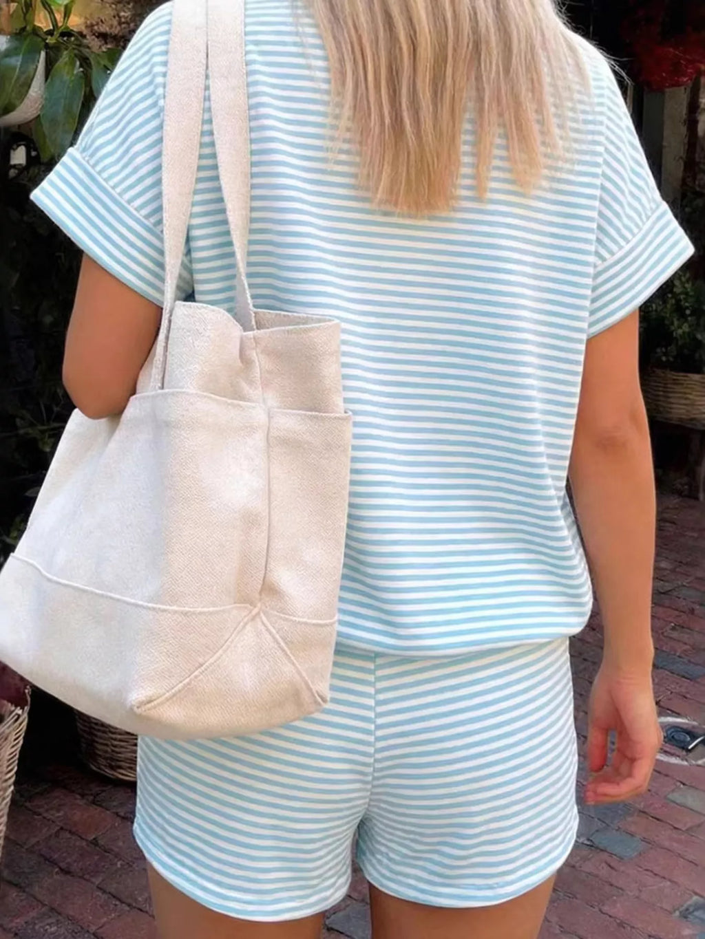 Full Size Striped Round Neck Tee Shorts Set Plus (6)