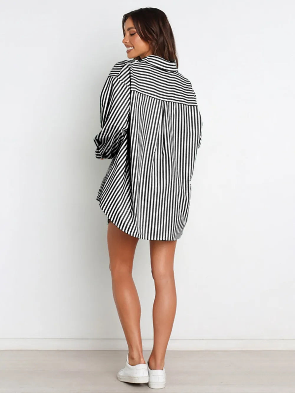 Striped Dropped Shoulder Shirt Shorts Set (2)