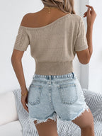 Openwork Single Shoulder Short Sleeve Knit Top (20)