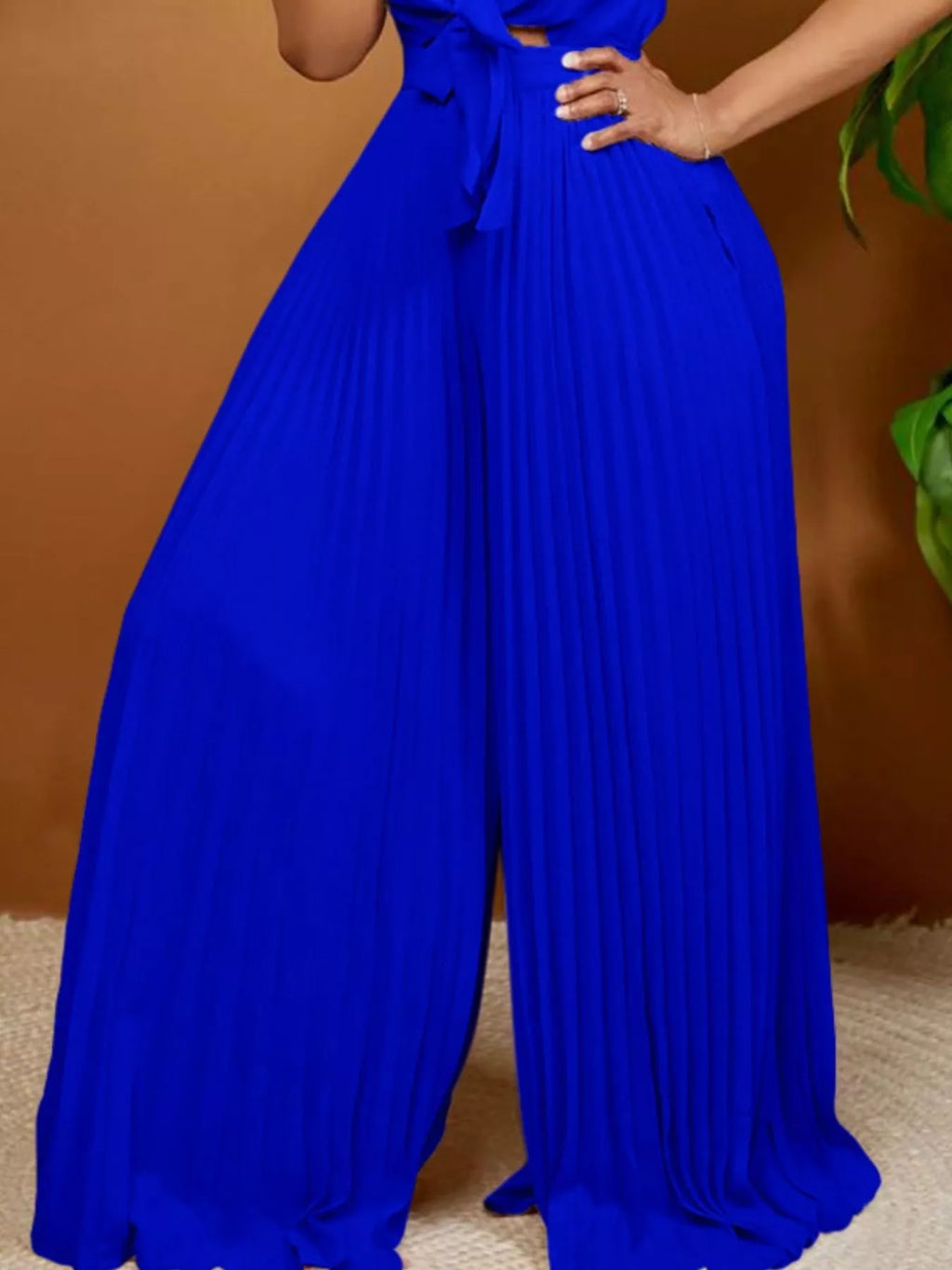 Full Size Tie Front Pleated Wide Leg Jumpsuit Plus (5)