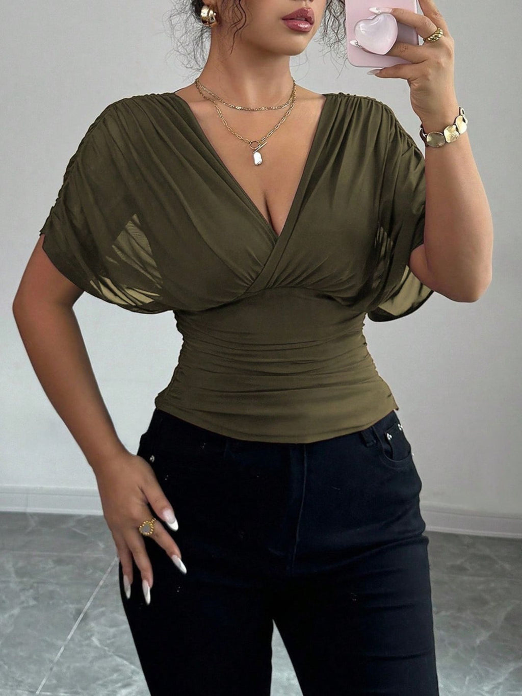 Ruched Surplice Short Sleeve Top