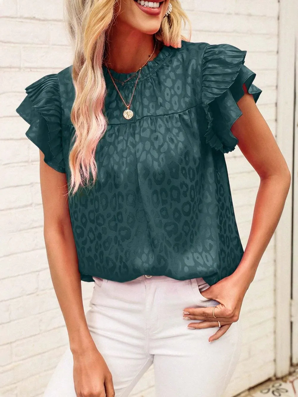 Leopard Frill Mock Neck Ruffled Cap Sleeve Top (19)