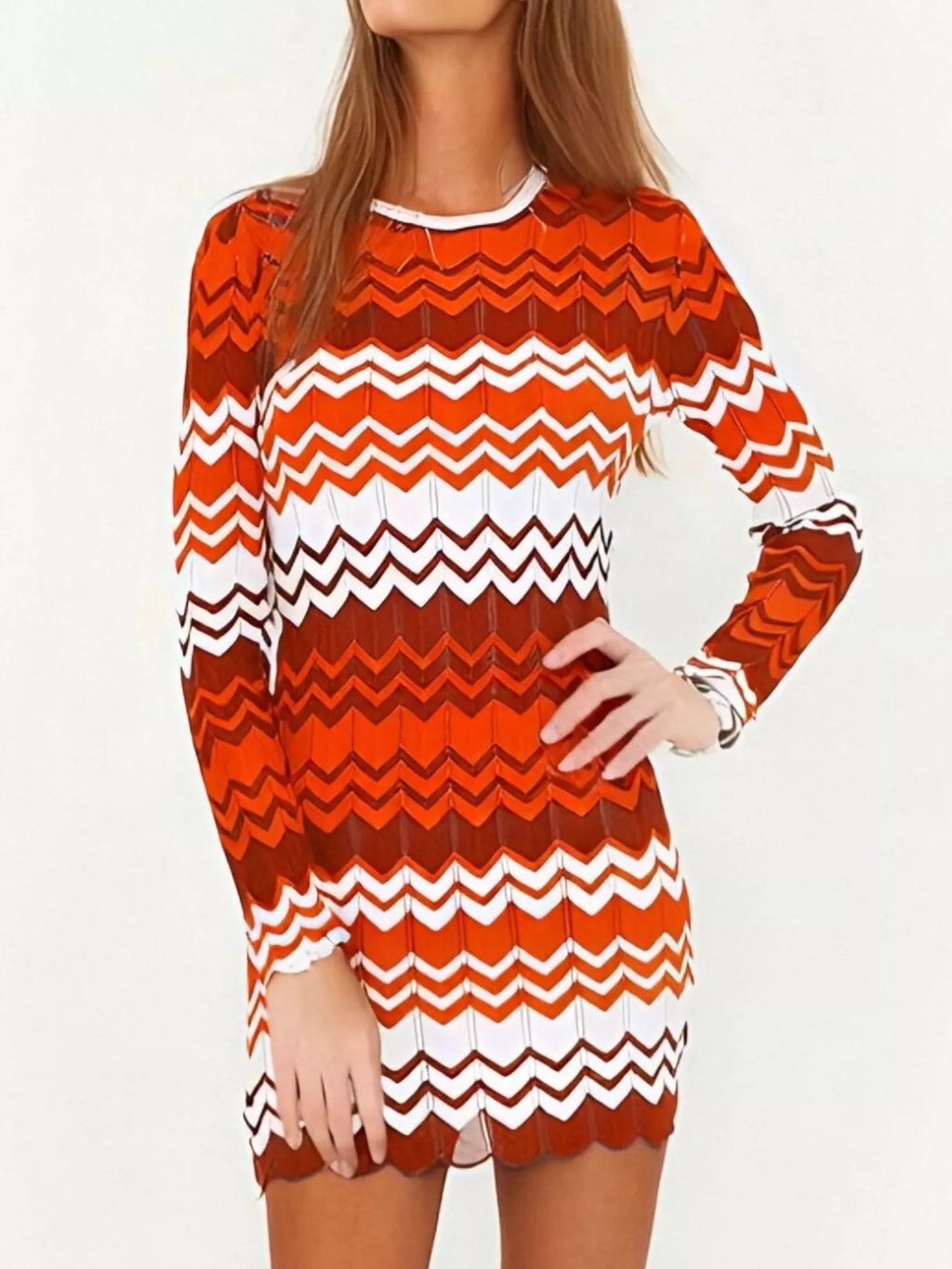 Openwork Wave Pattern Long Sleeve Sweater Dress (12)