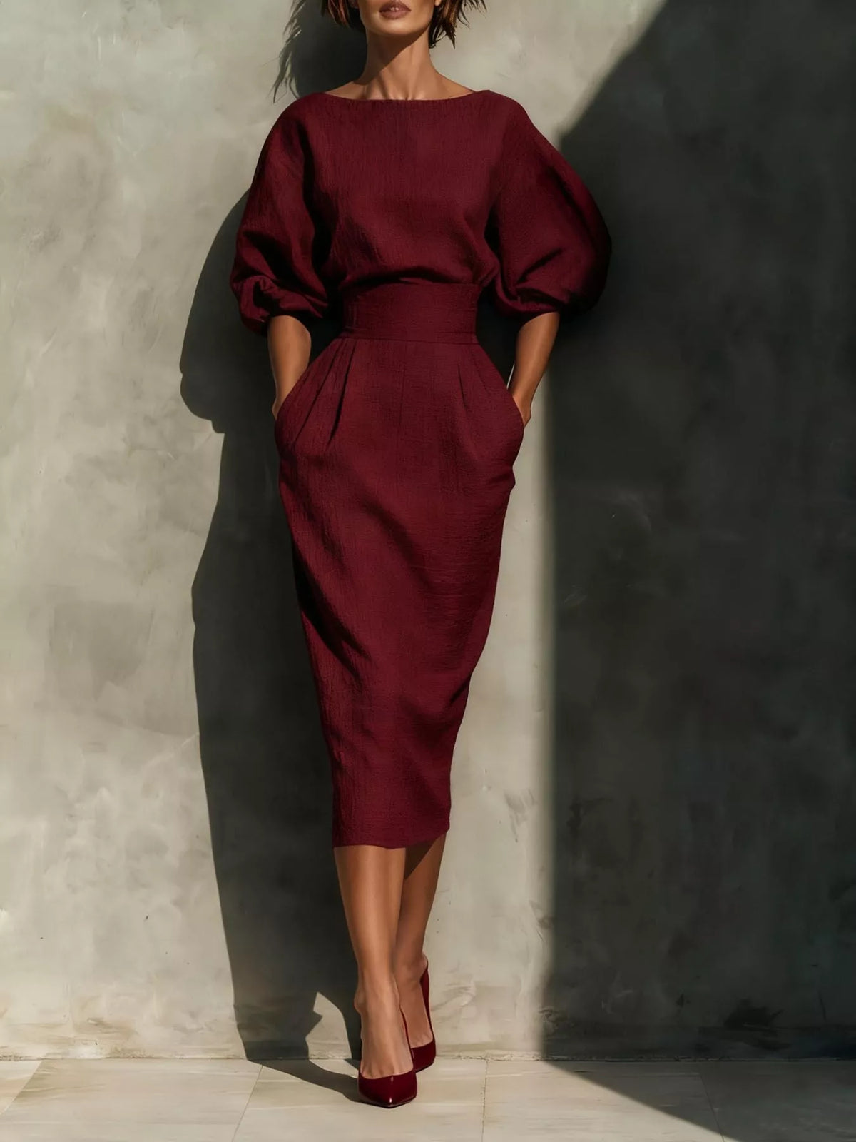 Full Size Round Neck Puff Sleeve Midi Dress Plus (5)