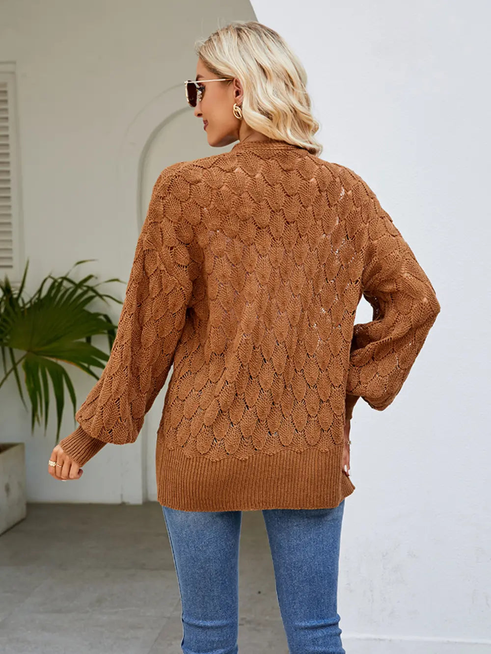 Openwork Open Front Lantern Sleeve Cardigan (2)