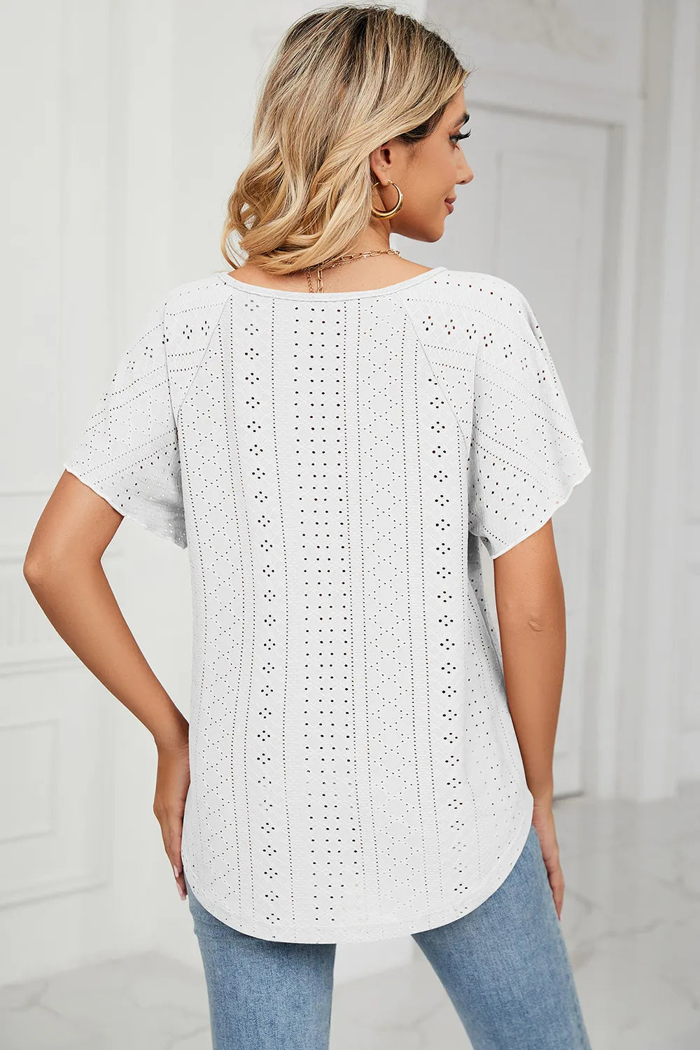 Eyelet Tie Neck Flutter Sleeve Blouse (7)