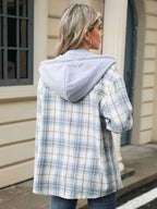 Drawstring Plaid Button Up Hooded Jacket (18)