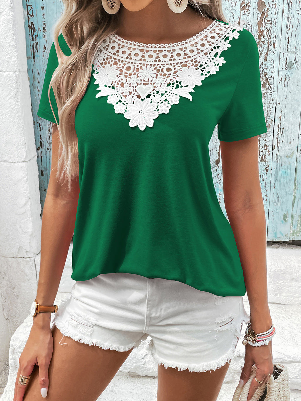 Spliced Lace Contrast Short Sleeve Top (8)