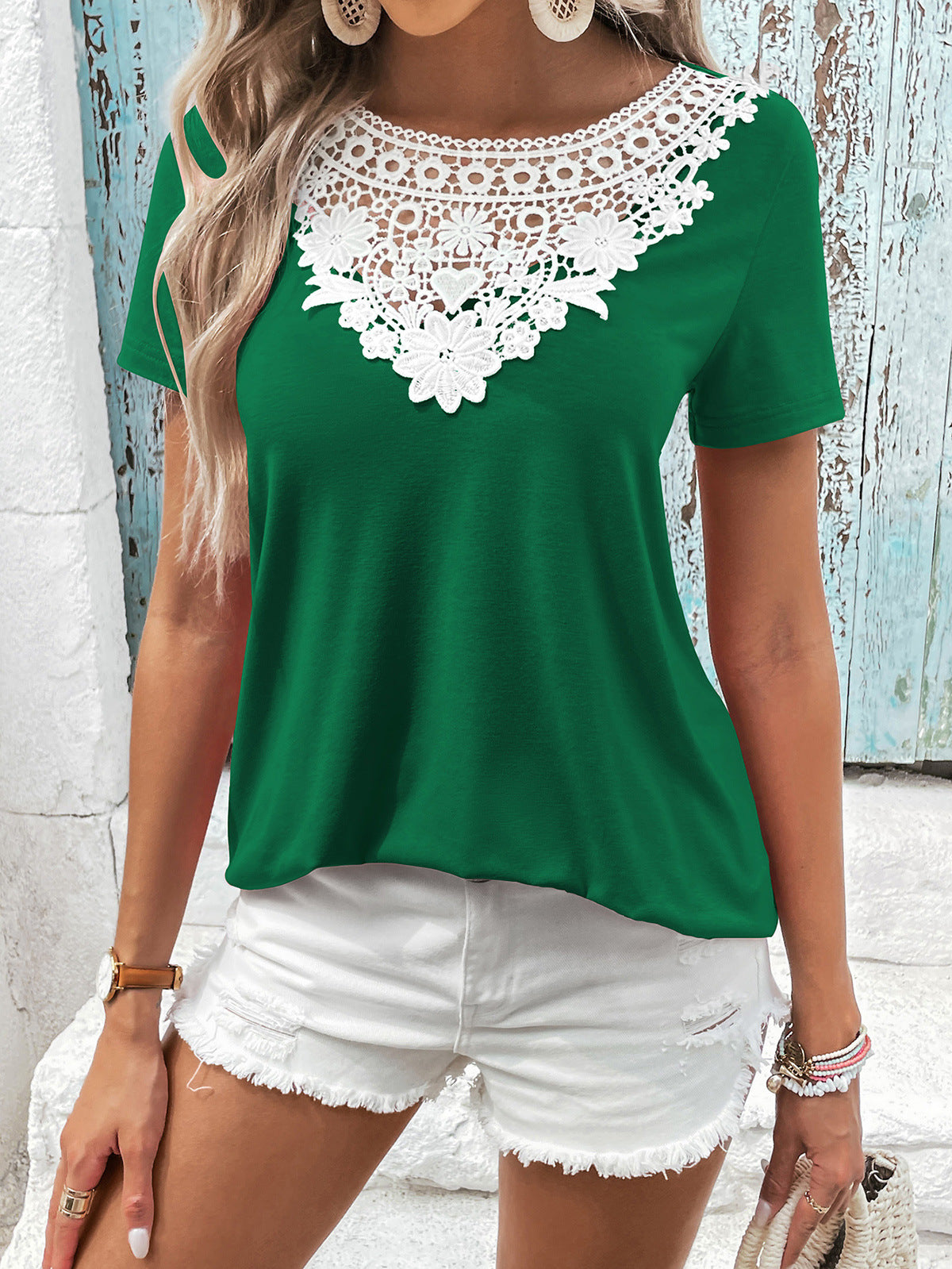 Spliced Lace Contrast Short Sleeve Top (8)